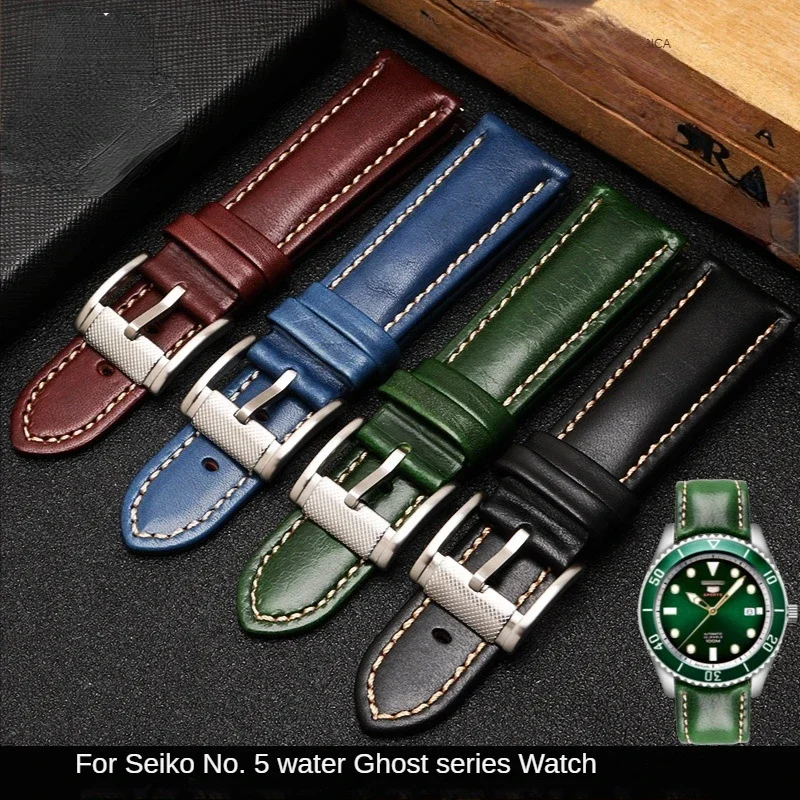 Genuine Leather Watch Strap for Seiko No. 5 Rolex Water Ghost Series Srpb93j1 Watch Band Men Women Casual Watchband Green 22mm