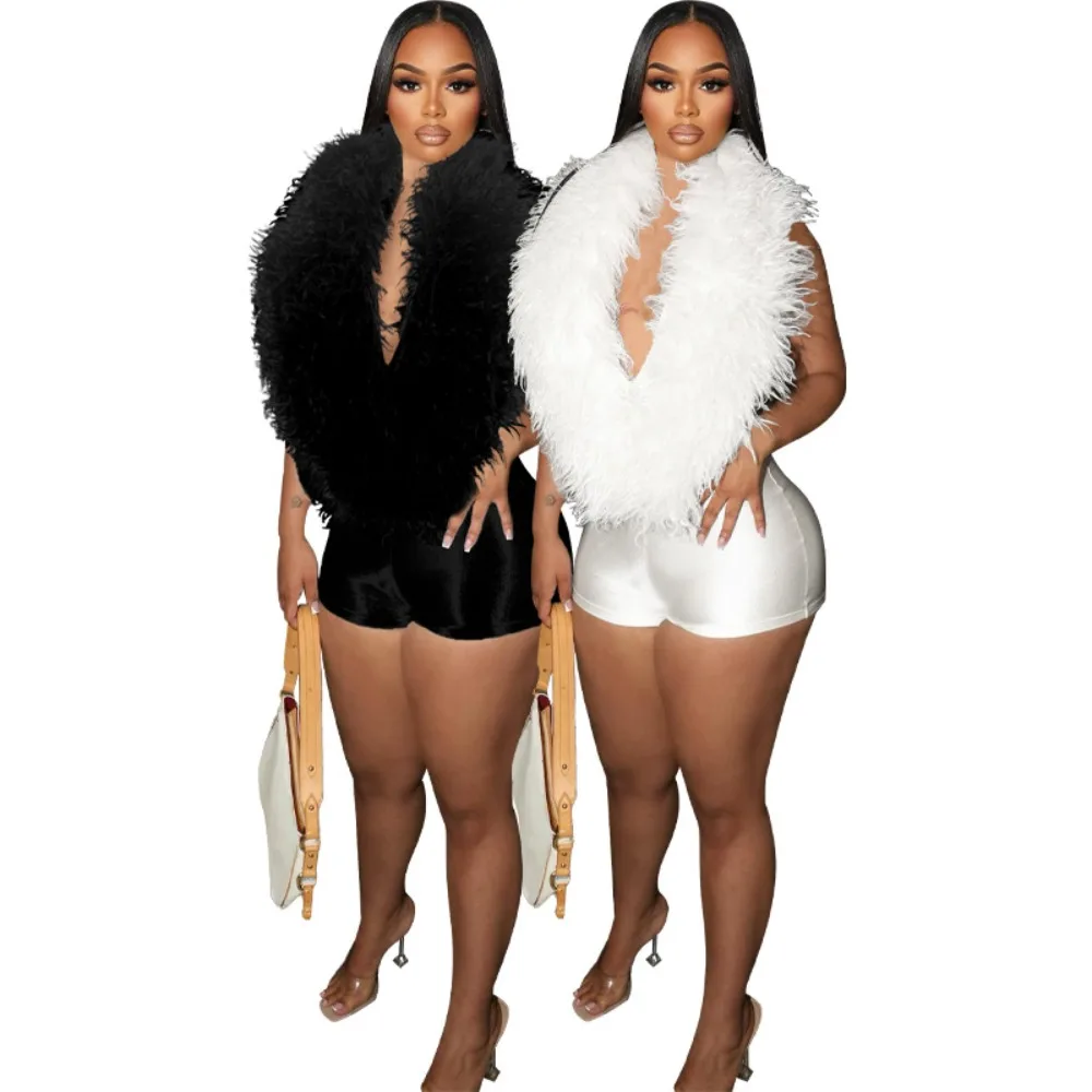 

2025 European & American Fashion - Elegant Feather Deep V Halter Neck Jumpsuit Shorts (Casual Style)
