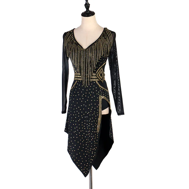 V Neck Mesh Long Sleeve Streamline Rhinestone Split Irregular Hem Dance Dress For Latin Dance Competition Stage Performance
