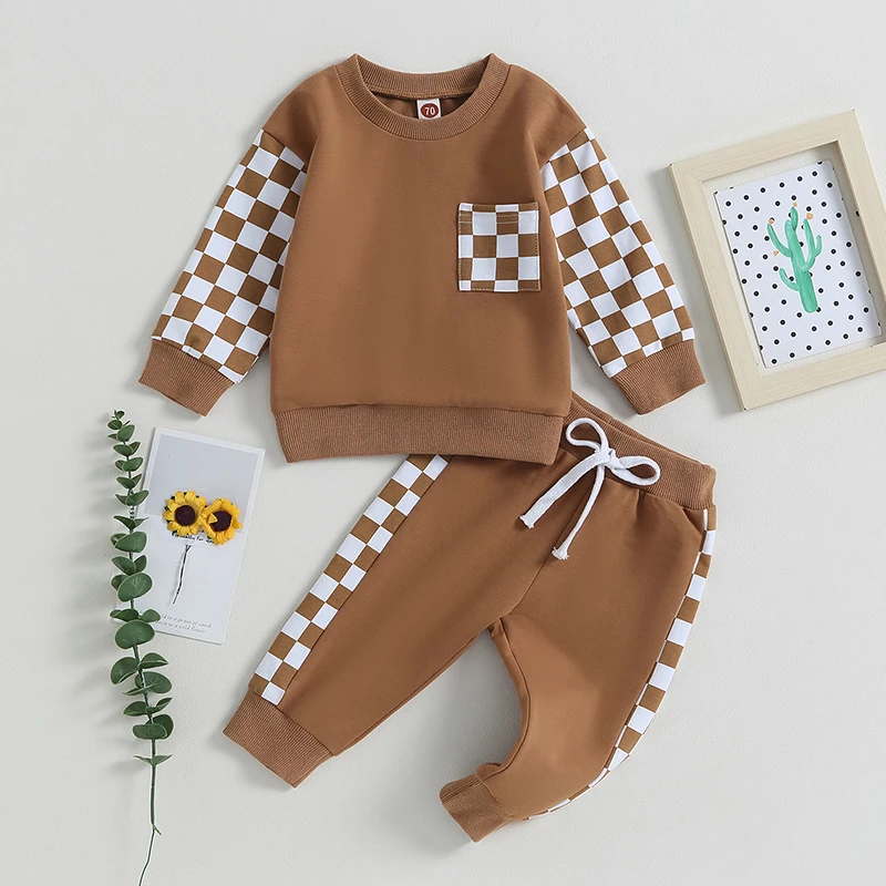 Autumn Baby Boys Outfits Newborn Clothes Checkerboard Print Long Sleeve Sweatshirt Tops Drawstring Pants Set Infant Soft Suits