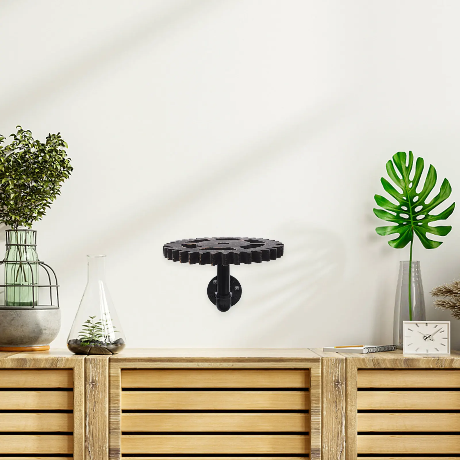 

Металлическая настенная полка с черной патиной, в индустриальном стиле, с кронштейном из труб, в деревенском стиле, с элементами шестерен, для гостиной, кухни, спальни