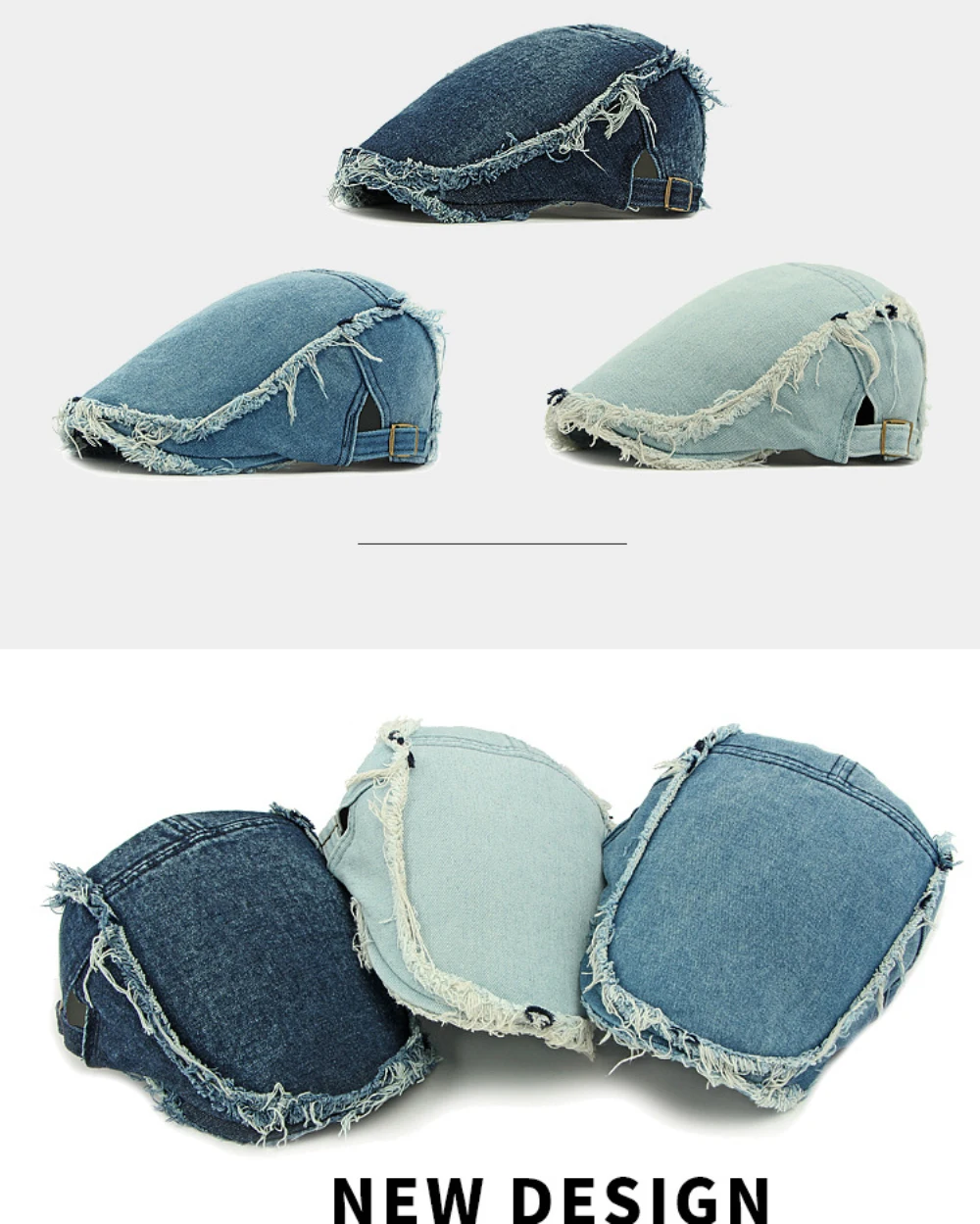 HT4792 Baskenmützen für Herren und Damen, Vintage Künstler-Mütze, Verstellbare Baumwoll-Ivy-Caps, Shabby Denim Baskenmütze – Detail 1