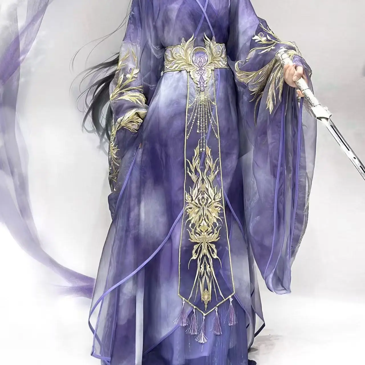 Primavera Verano nuevo Hao Yue Si [distente montaña púrpura atardecer] bata de Estados de guerra mejorada Falda recta conjunto de vestido con cuello cruzado