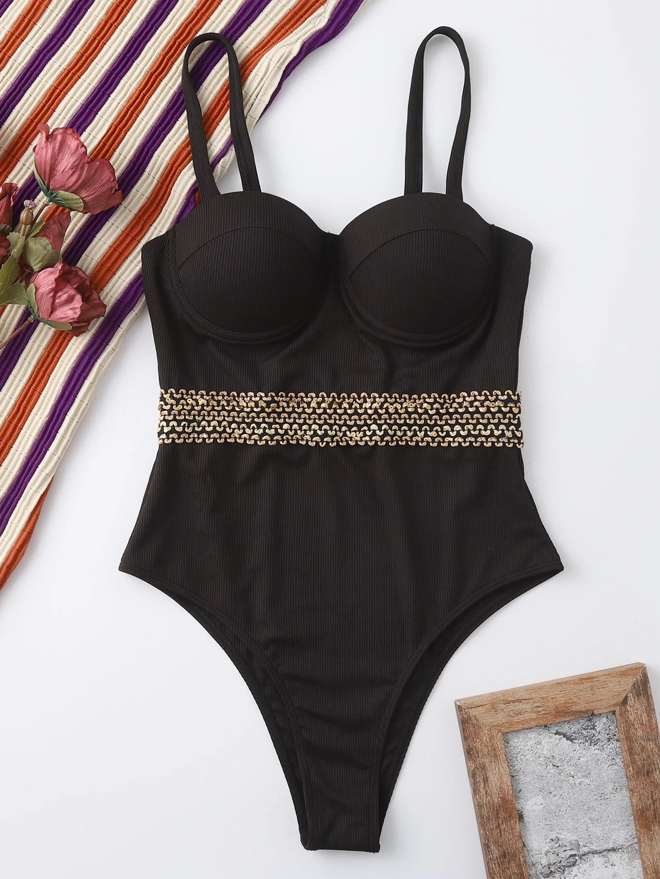 Sólido preto push up roupa de banho mulher 2025 uma peça sexy maiô verão controle barriga maiô praia cinto ouro natação wear