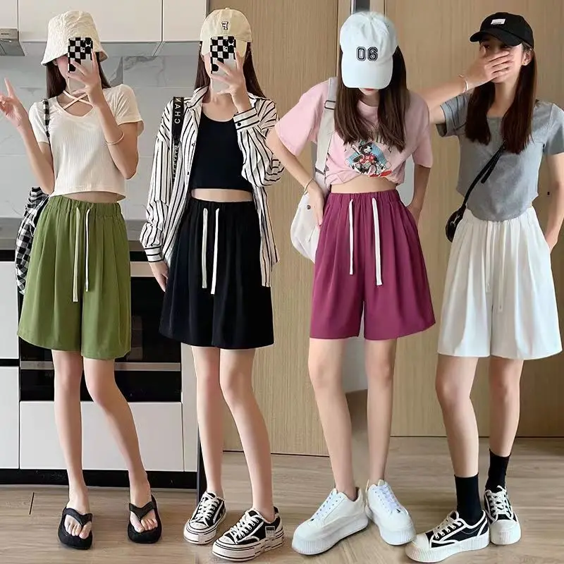 

2023 New Summer Simplicity Lacing Solid Color Elastic Waist Pants Women Clothes Drawstring Loose Straight Quarter Shorts Femme