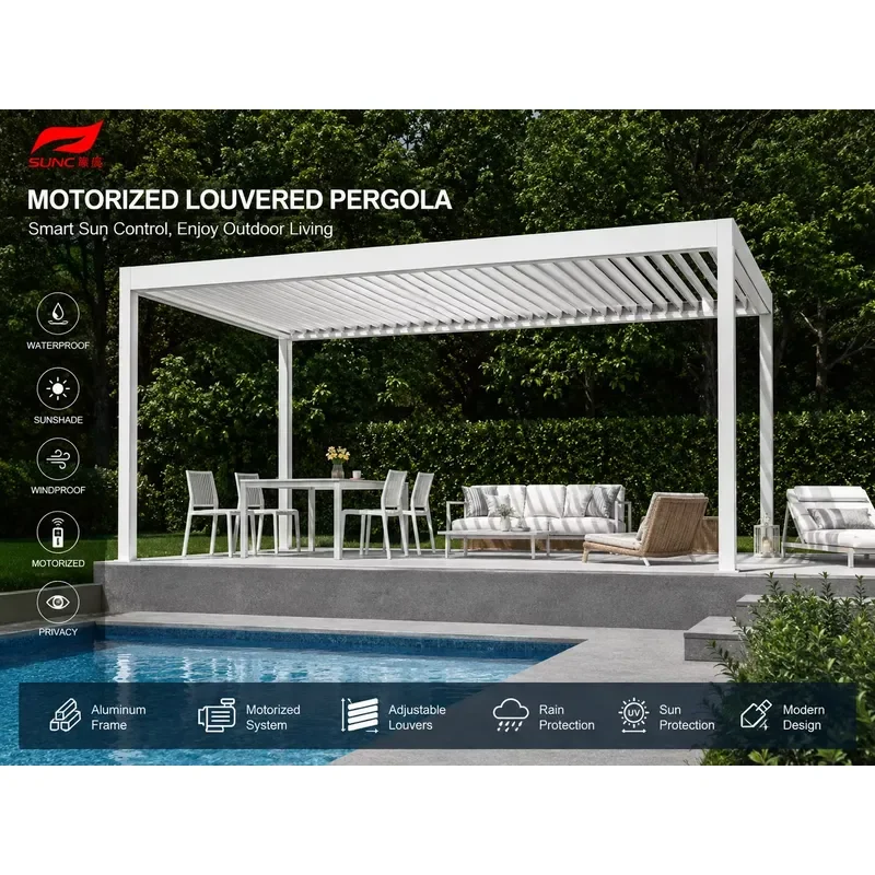 for Modern Multifunctional Motorized Louver Pergola Retractable Roof and Wind Shades Custom Color and Size