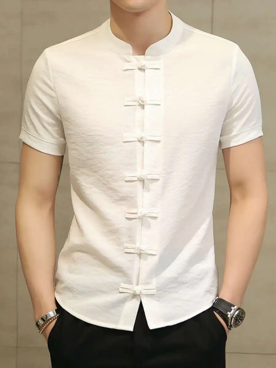 

Новая летняя мужская рубашка с коротким рукавом, приталенная, повседневная, из льна, однотонная, в корейском стиле, больших размеров, для мужчин