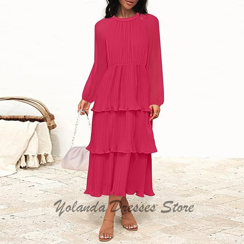 

Customized Pleated Mother of The Bride Dresses A Line Formal Evening Gown Full Sleeves Wedding Guest Dress Tea Length Scoop Neck