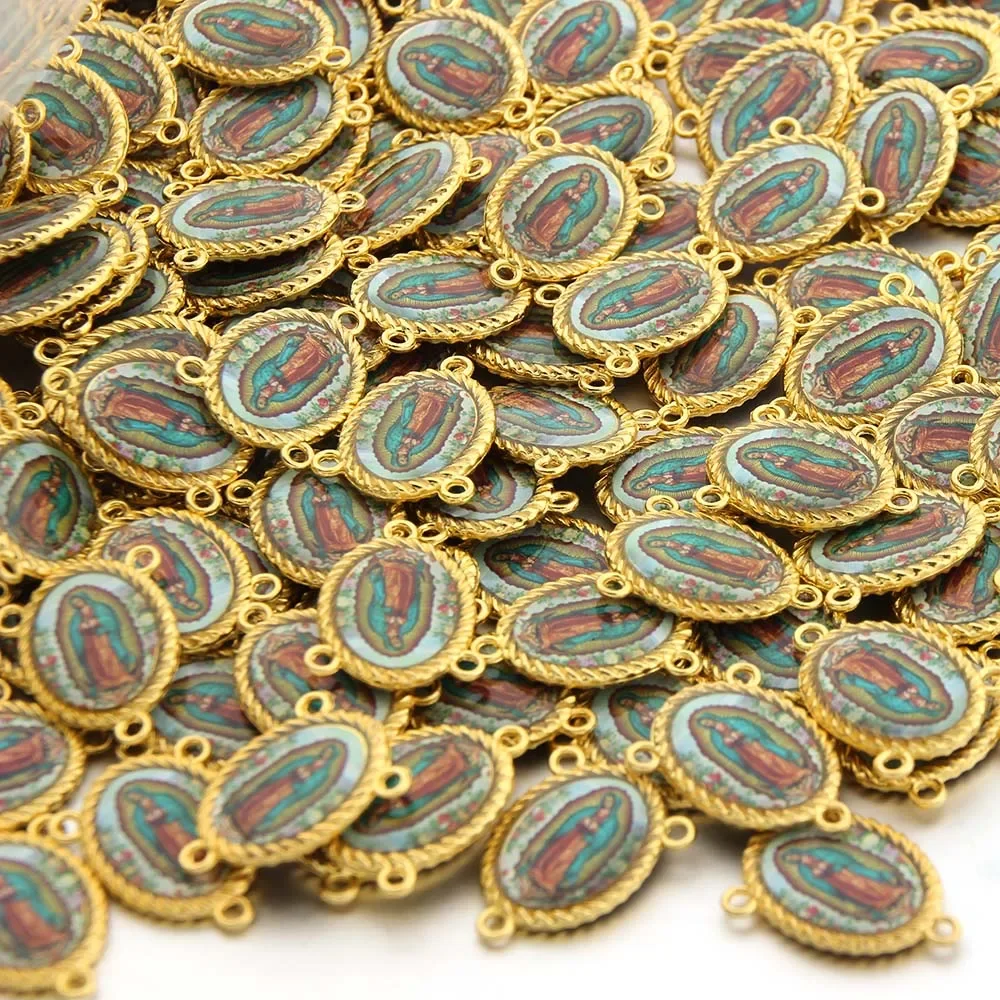 

50PCS/lot Gold Rosary Centers Centerpiece Saints Image Sticker Catholic Medal Jesus Mary Holy Family Religious Connector