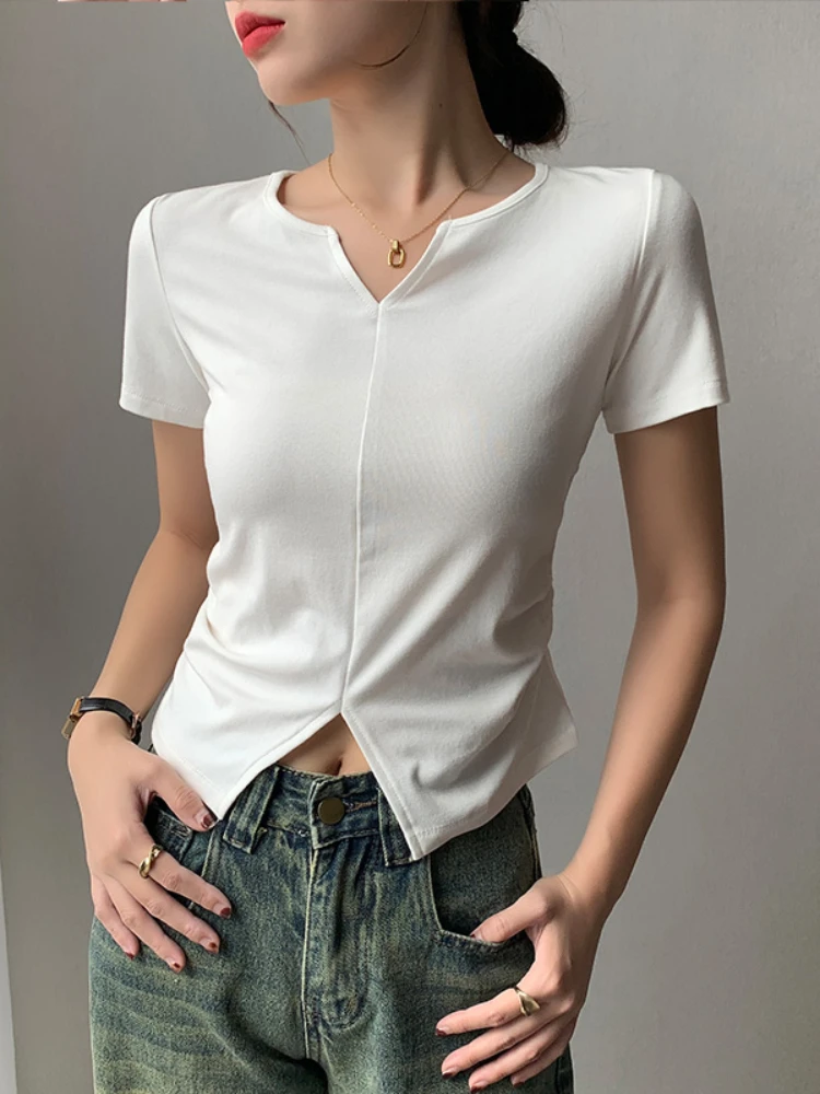 White Cotton Short Sleeve T-shirt For Women Summer Korean Fashion Tops Mujer Basic V Neck Casual Tshirts Y2K Slim Woman Tees