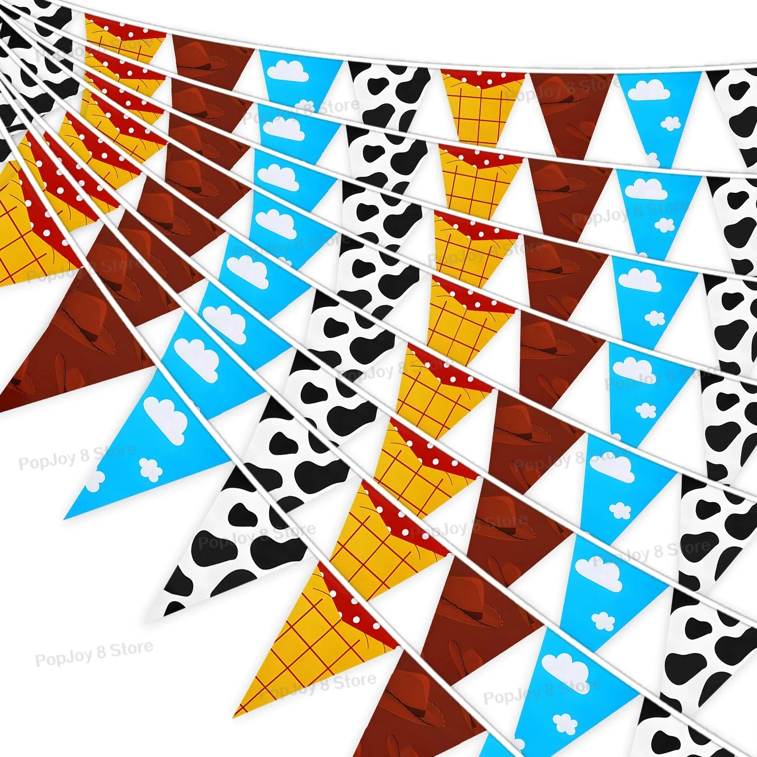 Kids Outdoor Dining Set - 12-teiliges Spielzeug-Themen-Cartoon-Story-Dreieck-Wimpelkette mit Kuhmuster-Wolken-Papierfahnen für Kindergeburtstage,