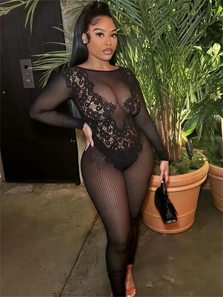 

See Through Jumpsuits Woman Summer Long Sleeve Sheath Comfort Print Hipster Thin Trend Party Clubwear Sexy Overalls