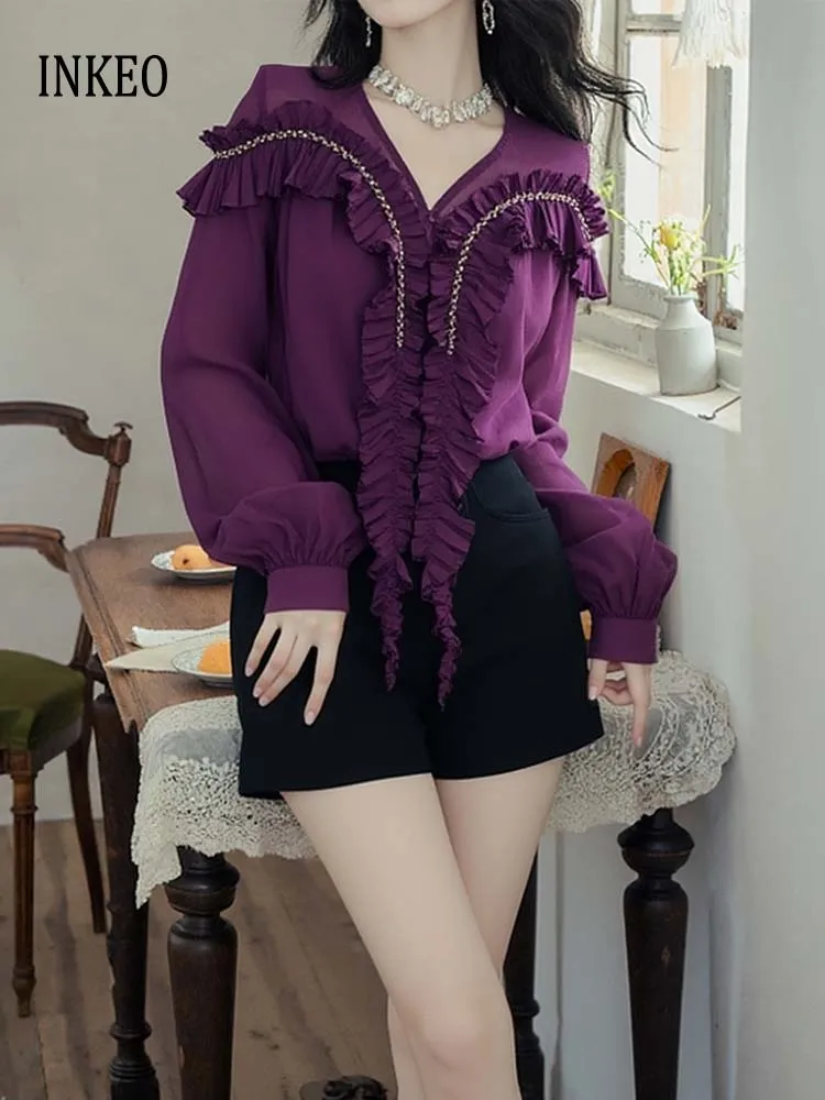 

Sexy V-neck Rhinestone pleated shirt Women's 2025 New chiffon Long sleeve tops See-through Purple blouse Stylish INKEO 5T098