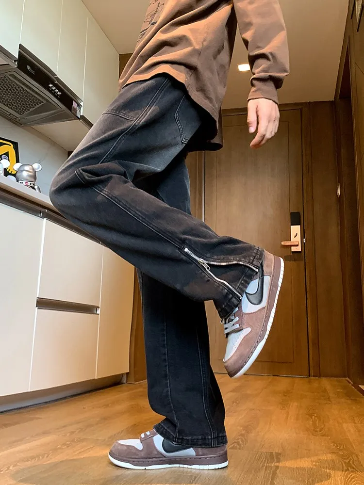 

Мужские джинсы в американском ретро-стиле, прямые длинные брюки, весенне-осенние, с молнией, износостойкие, из смесового хлопка