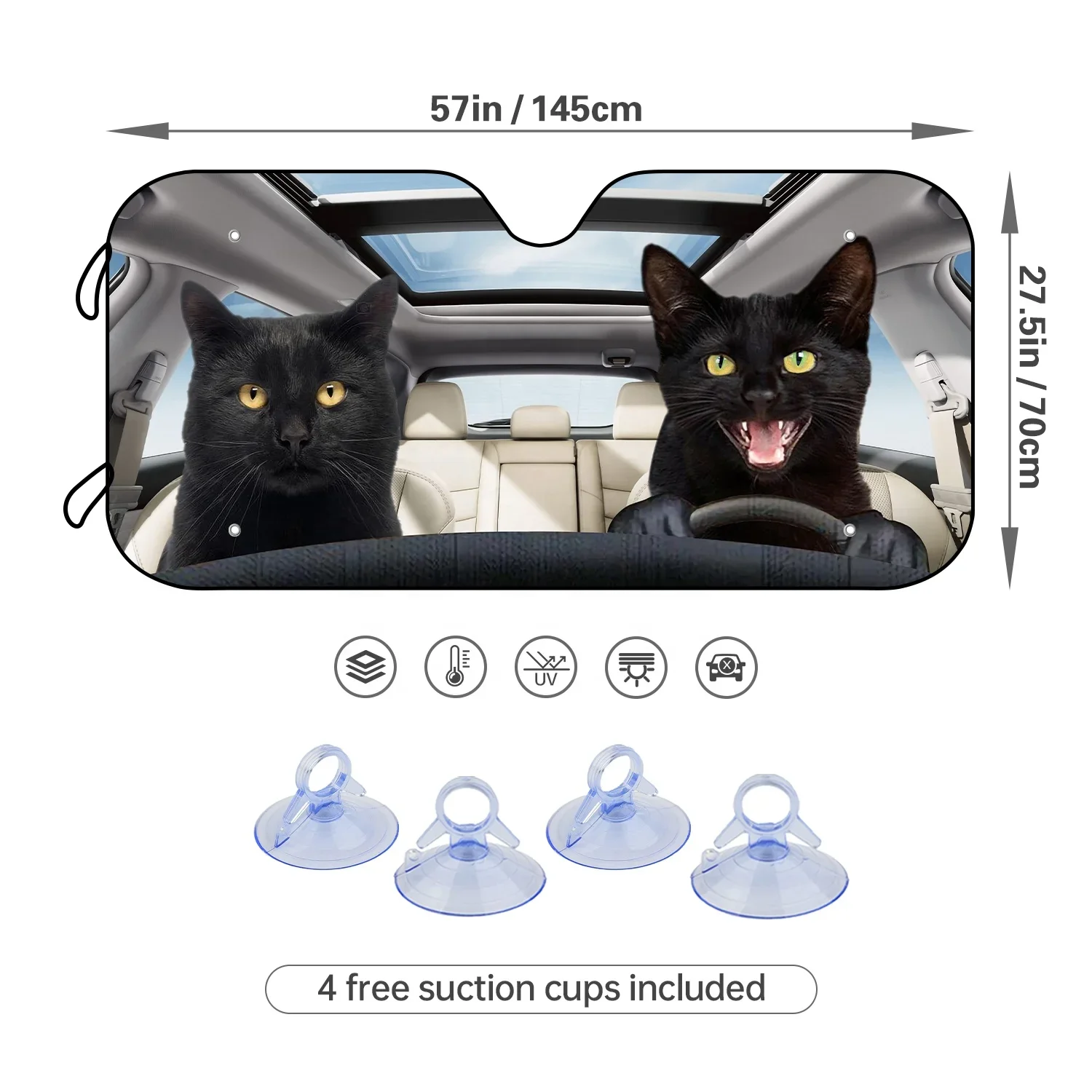 Wholesale Funny Animal Black Cat Driver Car Windshield Sunshade Foldable Car Window Sunshade Block UV Strap 4 Free Suction Cups