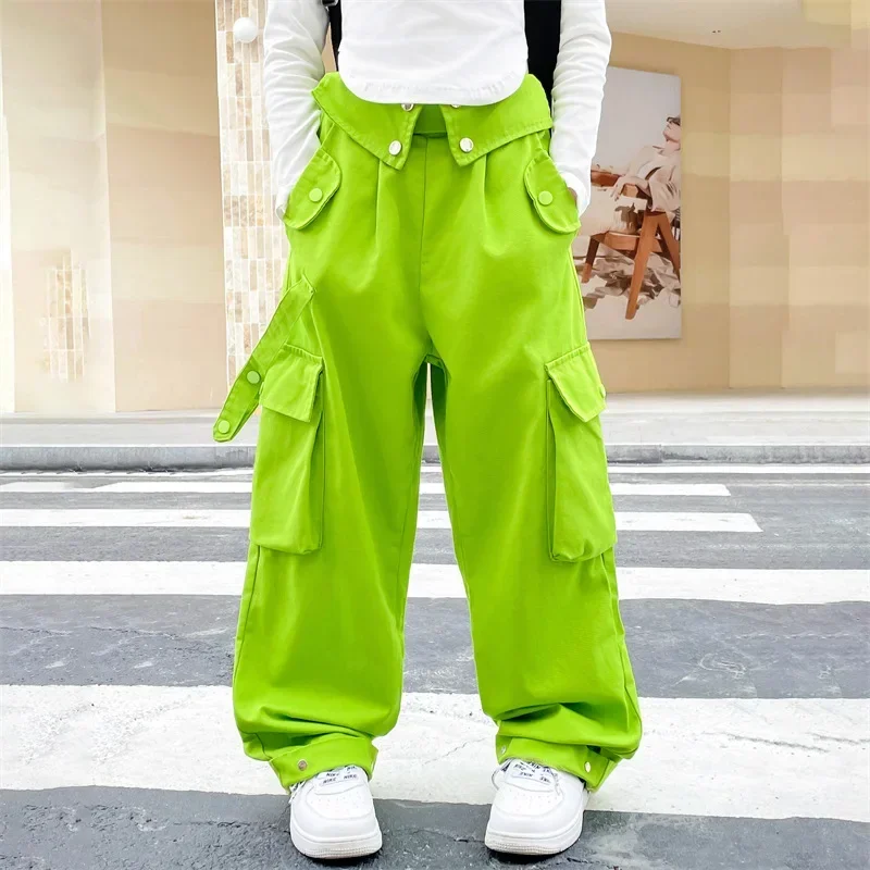 

spring autumn teen Girls Cargo Pants Loose Casual Elastic Waist Teen Child Wide Leg Pants Pocket Design Streetwear Kid Trouser