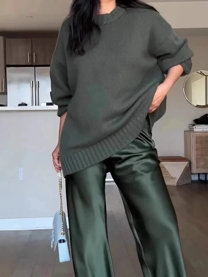 

Casual Loose Women's Commute Two Piece Sets Autumn Winter New Simple Lady Outfits Vintage Solid Knitted Sweater&Satin Pants Sets