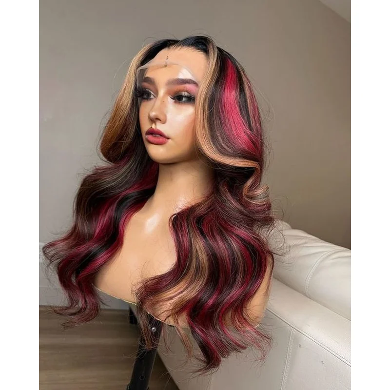 Long Black Red Blonde Highlight Lace Front Remy  Hair Wig Wavy Glueless Wig