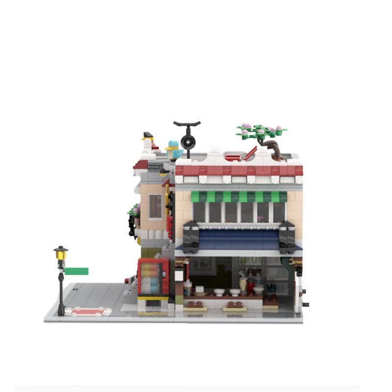 MOC-118209 City Street View Noodle & Bike Shop Modular Building Block Assembly Model Toy Children Christmas Gifts