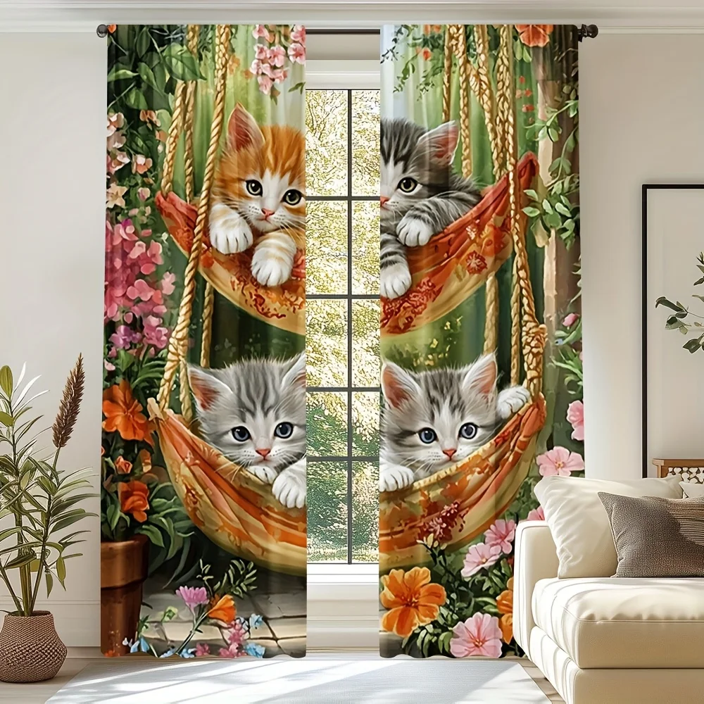 Cute Kitten Hammock Curtain, Funny Cat Floral Window Drape, Garden Pet Print Blackout Panel, Kids Room Decor, Home Textile