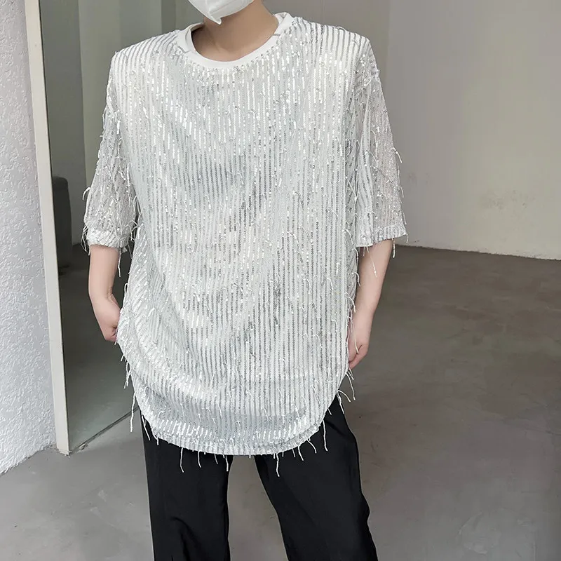 Sexy Men's Sequin Tassel T Shirts See-through Glitter Designer Unisex T-shirt DJ Club Stage Dance Short Sleeve Shinny Tees Tops