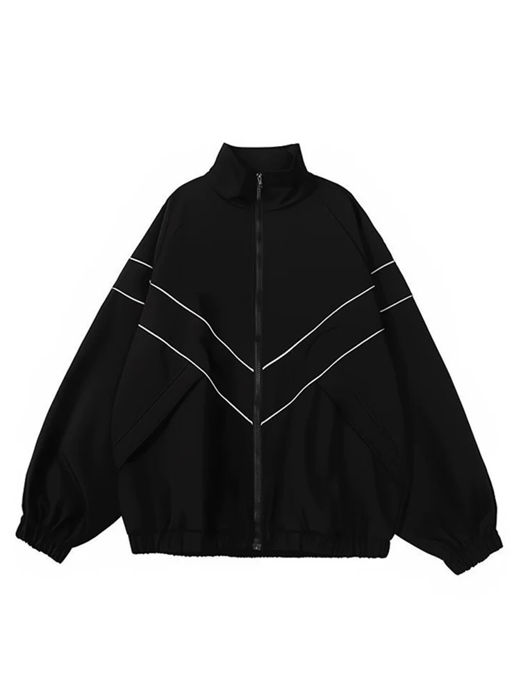 

Men's Reflective Striped Black Jacket Trend Korean High Street Coats Autumn New Oversize Stand-up Collar Zip Up Sports Outerwear