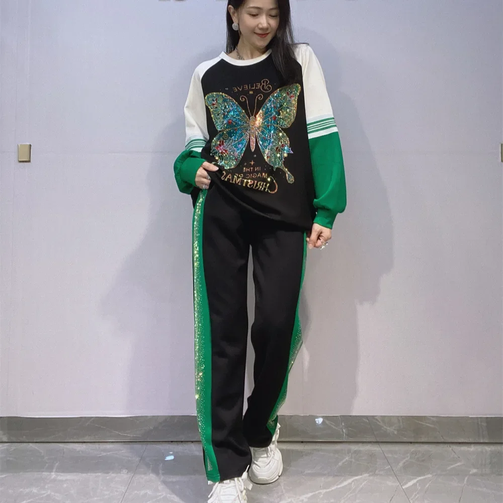 

Комплекты из двух предметов, женские наряды, осенняя одежда, модный лоскутный спортивный костюм с бабочками и бриллиантами, повседневные свободные брючные костюмы в полоску по бокам