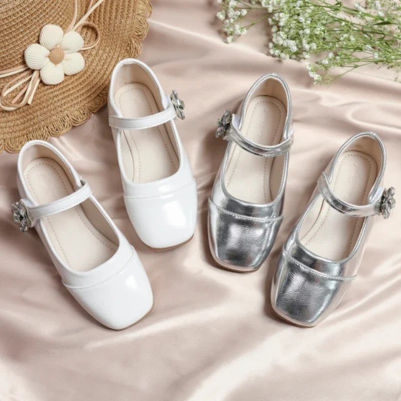 Fashion Flats Shoes Girl  Trend Luxury Designer  Square Toe Ballet silvery Shoes Mary Jane Casual Buckle Strap Children Shoes