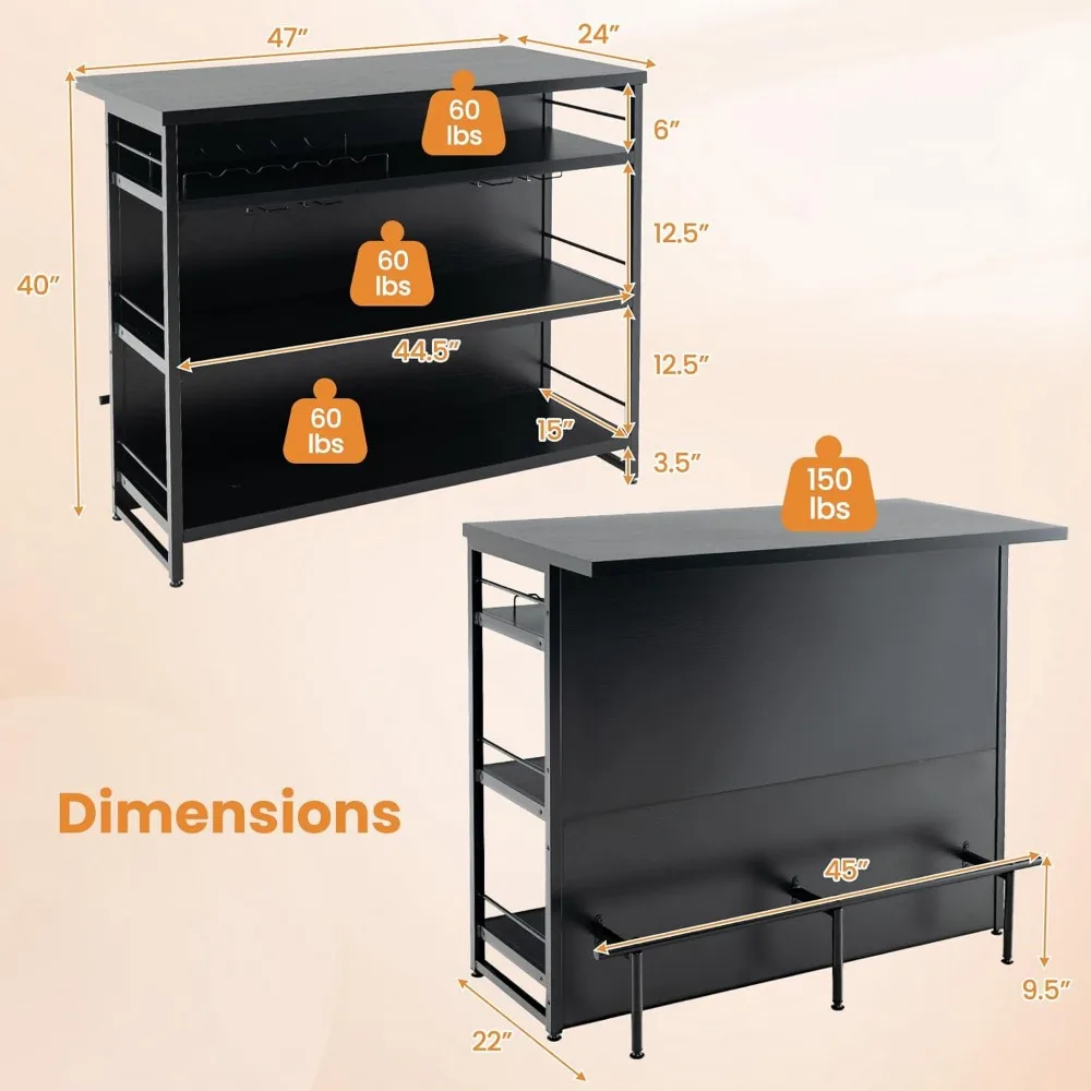 Bar domowy, 4-poziomowy stół barowy na alkohol z podnóżkiem, regały na butelki wina, uchwyt na kieliszki, industrialny narożny mini bar do kawy