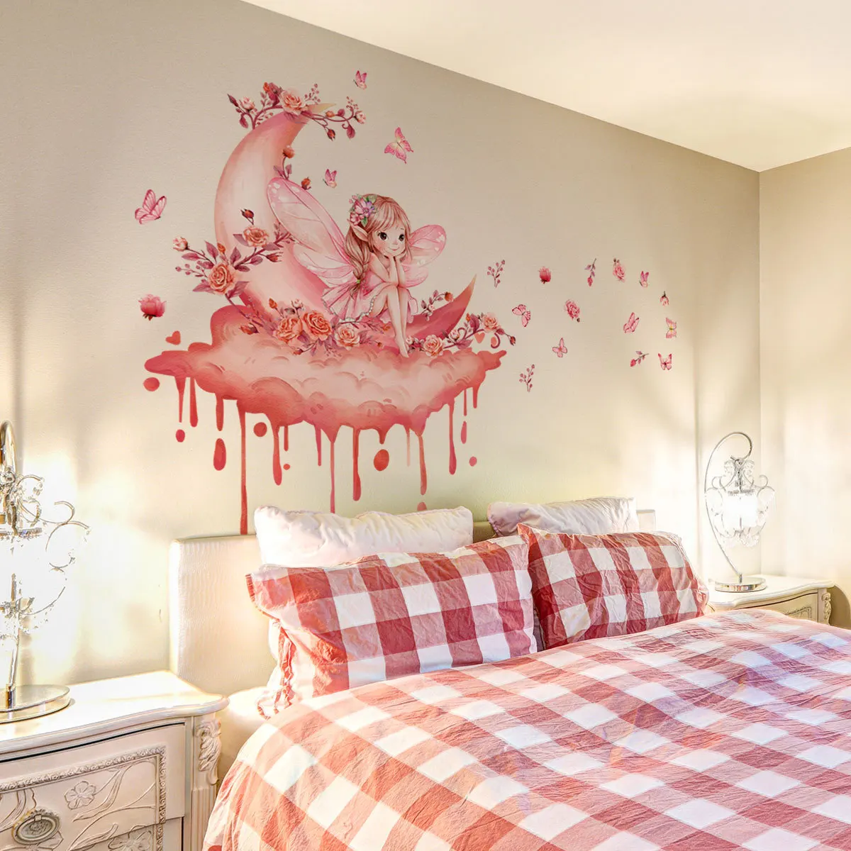 

Pink Moon & Vine Wall Decals - Floral Butterfly Girl Stickers for Whimsical Home & Shop Decor