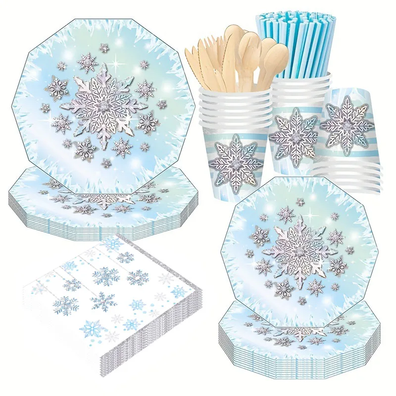 Vaisselle jetable Flocon de Neige pour Fête d'Anniversaire Fille – Assiettes, Gobelets, Serviettes Bleues – Décorations et Cadeaux pour Fêtes de Noël sur le Thème de la Neige