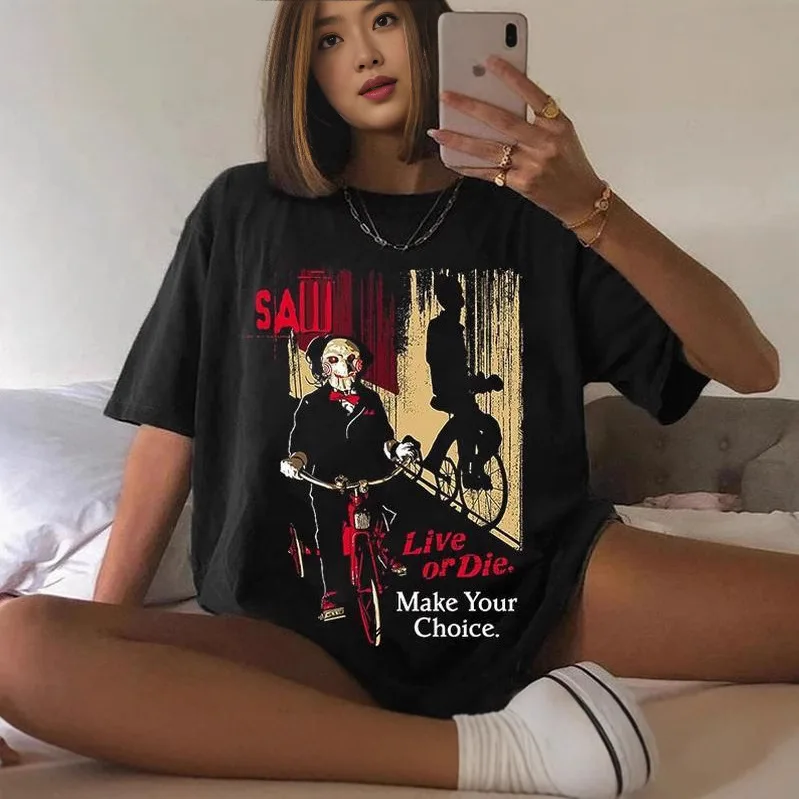 

Men's and Women's Pure Cotton T-shirts, Retro Round-neck Haraju-style Tops, Horror Fashion Summer T-shirts From The Movie "Saw"