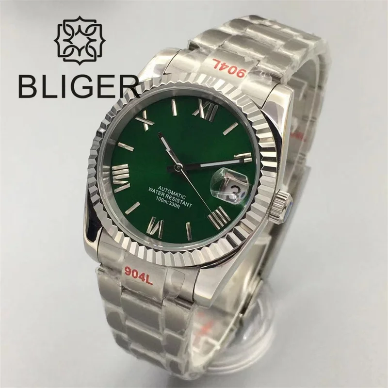 BLIGER Watch For Men 36mm/39mm NH35 Automatic Steel Strap Fluted Bezel Sapphire Glass Glide Lock Black Blue Green Gray Dial