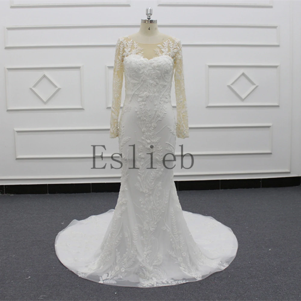 

Eslieb 2024 style customize made zipper back Lace floor-length Strapless Full Sleeve court Train Mermaid wedding dress