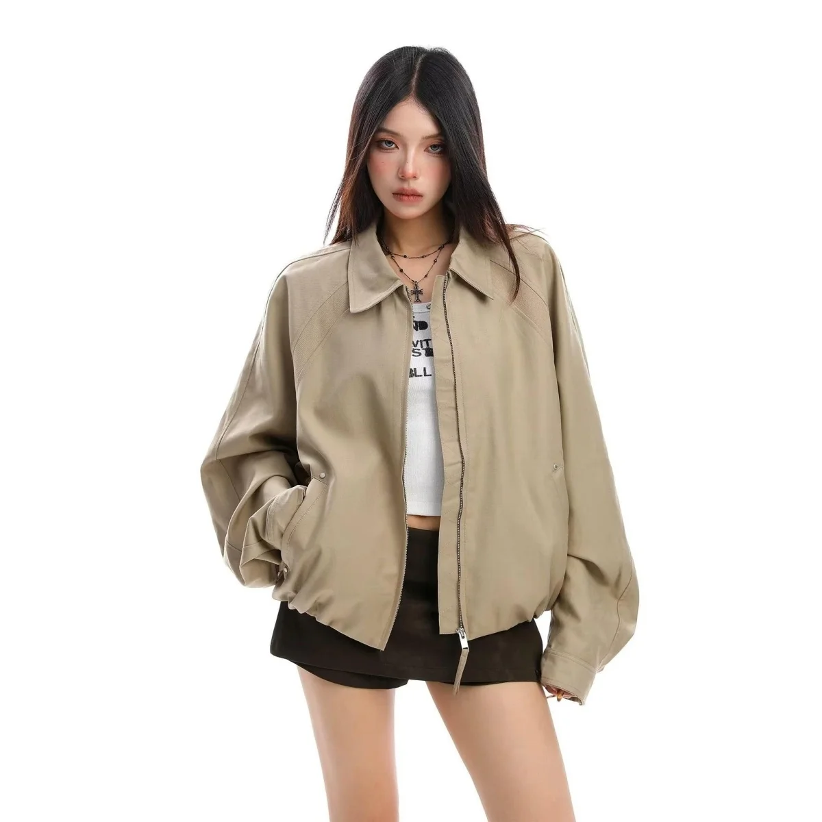 

Ретро-функциональная рабочая куртка свободного кроя с воротником, мужская, в студенческом стиле, короткий кардиган на молнии, верхняя одежда