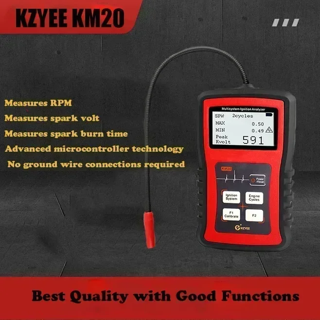 KZYEE KM20 Multi-system Ignition Analyzer Tester Measure RPM Volt Spark Burn Time Car Spark Plug Tester System Check