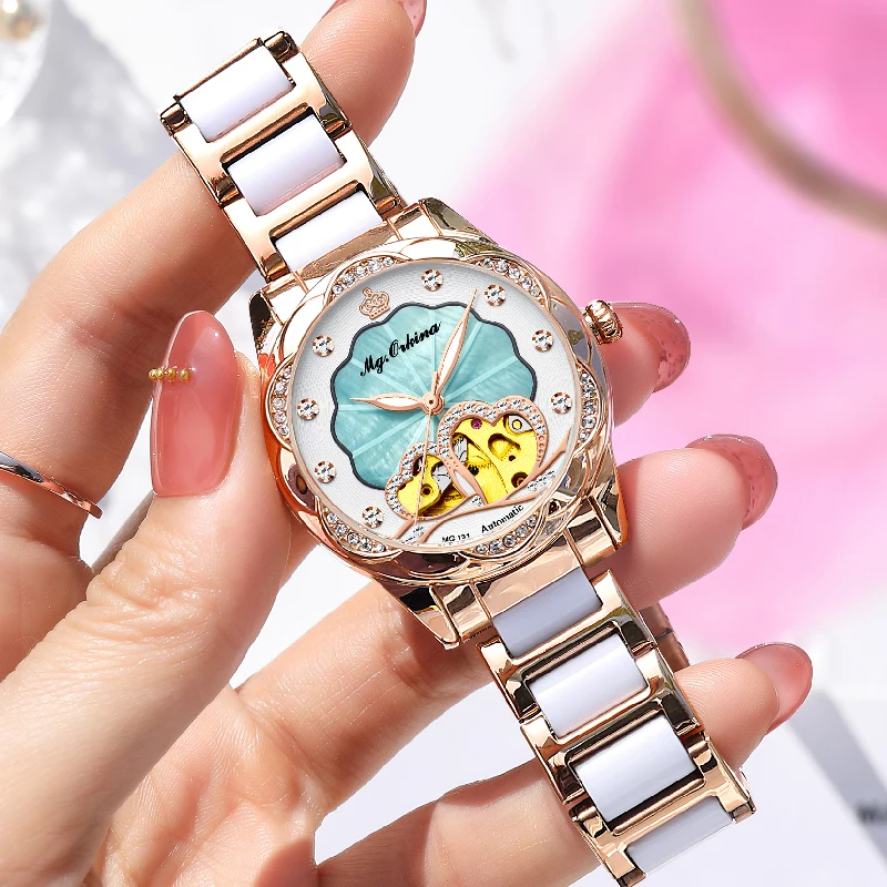 Premium Women Watch ORKINA Original Automatic Mechanical Ladies Wristwatch Natural Mother of Pear Skeleton Diamond Dial Ceramic