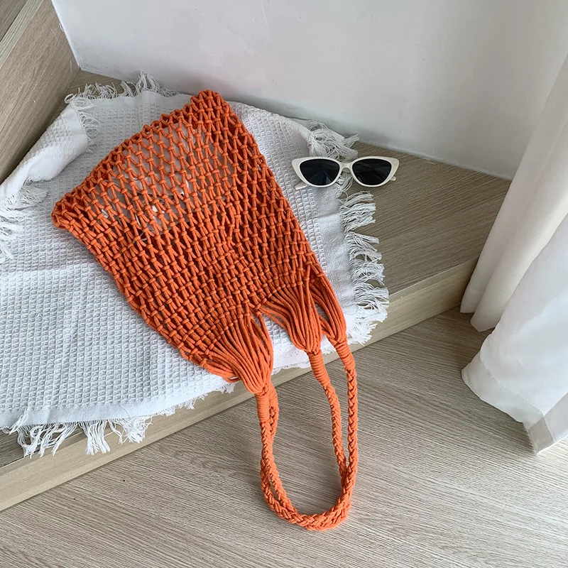 Casual Hollow Out Fishnet Women Shoulder Bags Handmade Weave Lady Handbags Large Capacity Summer Beach Tote Shopper Purses 2024