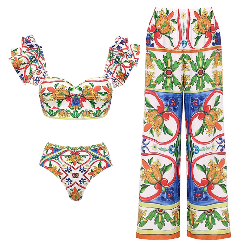 One-piece ชุดว่ายน้ําสตรี Lotus Leaf Edge พิมพ์ชุดว่ายน้ําชุดบิกินี่ชุดชายหาดสไตล์สวมชุด Maxi กระโปรง