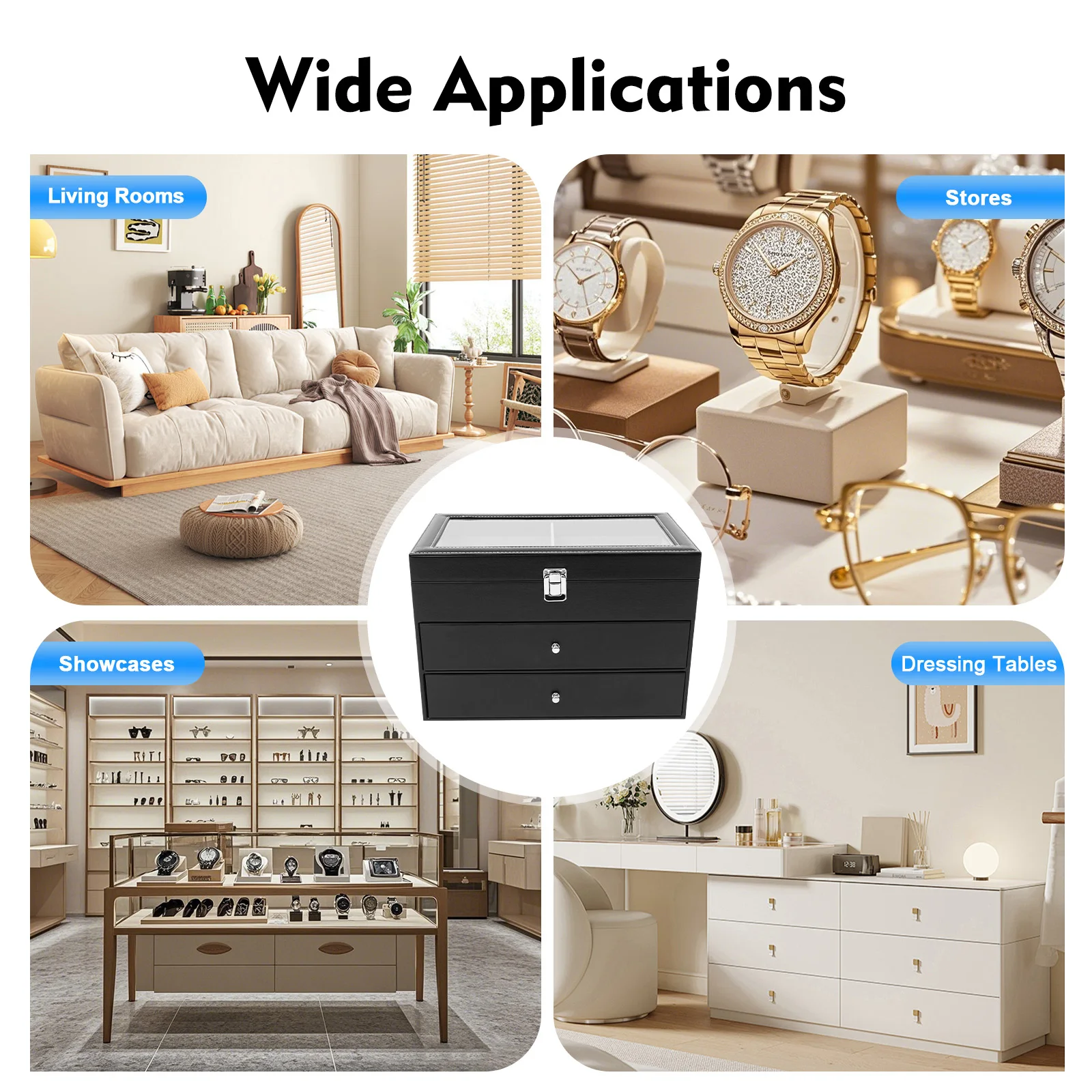 Caja de reloj de lujo con 24 ranuras y pantalla de cristal, Funda de cuero superior para hombre, organizador de estilo cajón de almacenamiento de gafas de reloj ejecutivo
