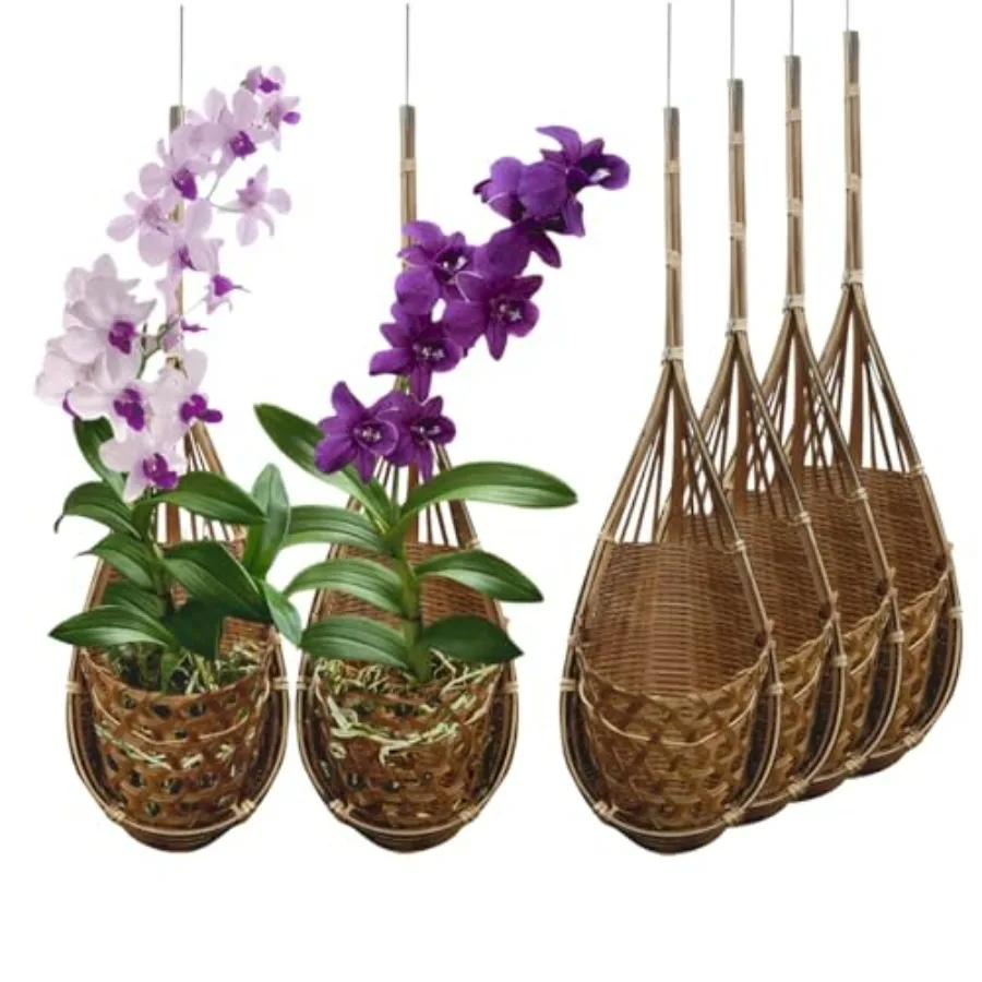 

Handmade 100 Thai Bamboo Hanging Orchid Basket 4 Inch Set of 6 for indoor plant display, natural bamboo material, beige color,