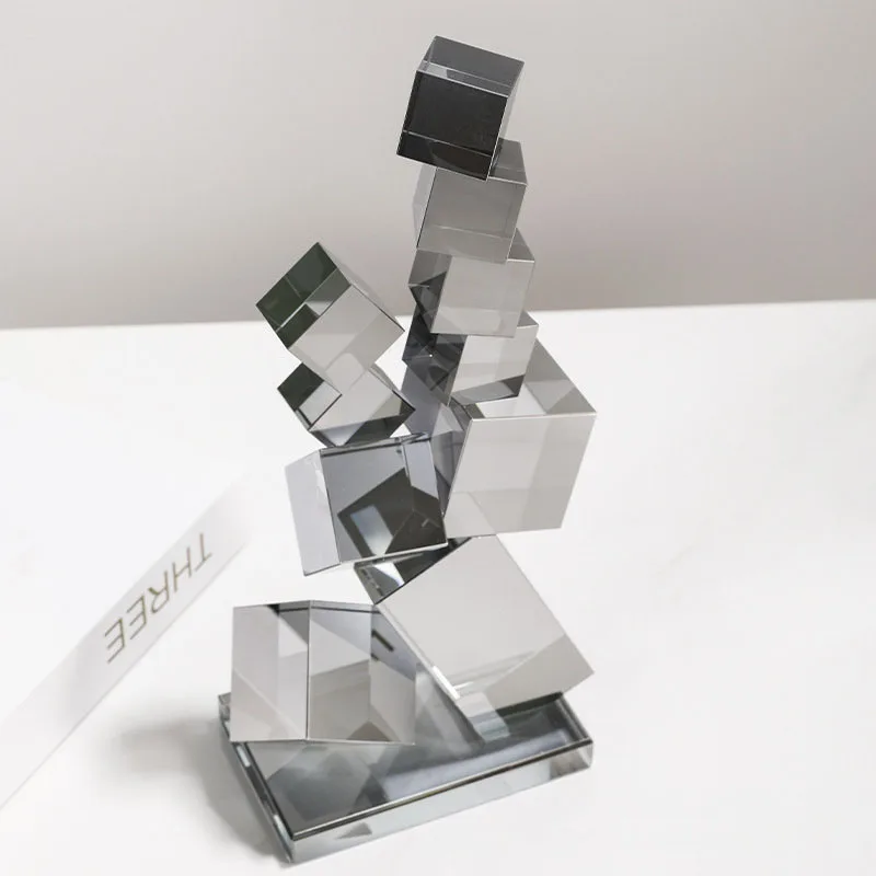Modern Minimalist Style Crystal Glass Cube Geometry Handicraft Desktop Ornament Living Room Bedroom Creativity Home Decoration