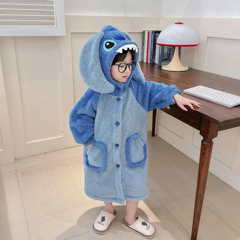 

Stitch Kids Flannel Bathrobe Baby Girl Boy Cartoon Hooded Pajamas Children Soft Bath Robe Nightgown Kid Cartoon Thicken Homewear