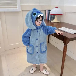 Stitch Kids Flannel Bathrobe Baby Girl Boy Cartoon Hooded Pajamas Children Soft Bath Robe Nightgown Kid Cartoon Thicken Homewear