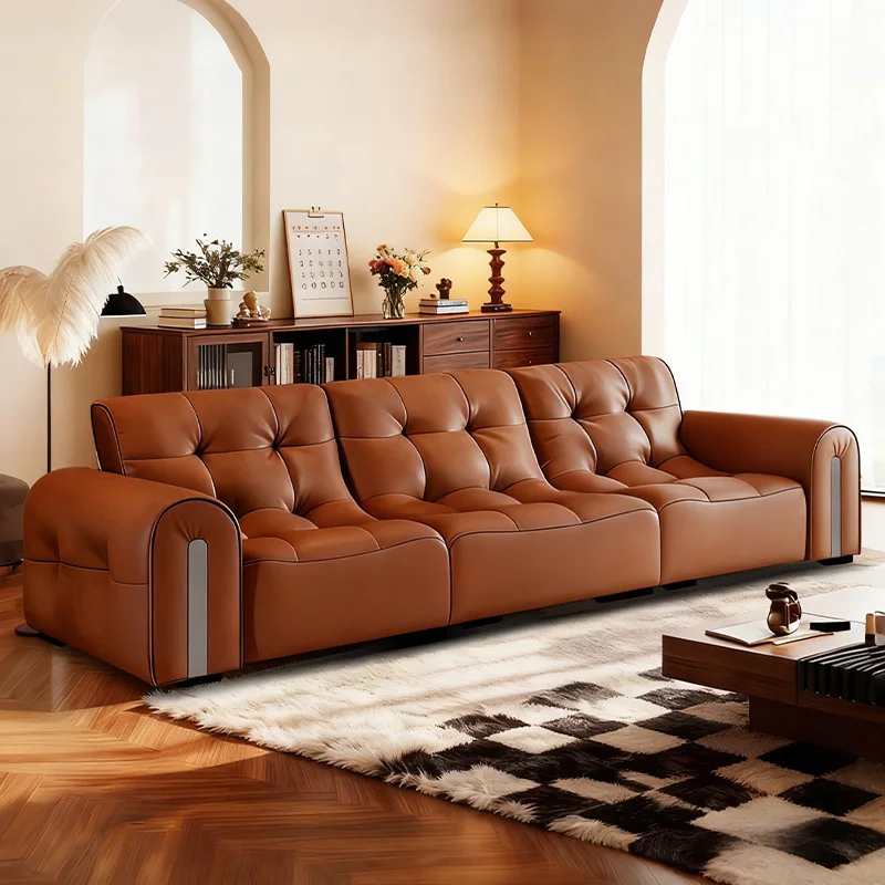 

First layer cowhide sofa Italian minimalist small apartment straight row leather sofa living room home retro high backrest sofa