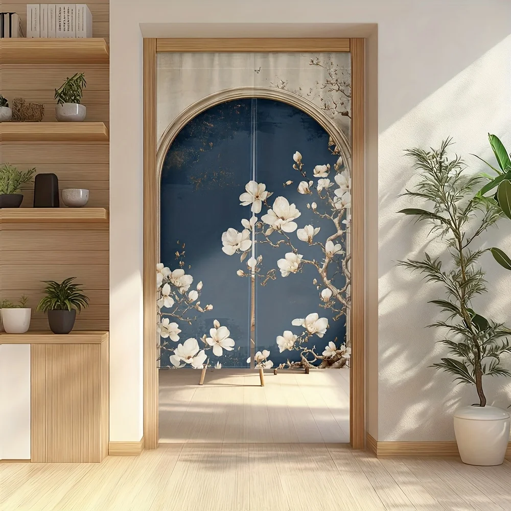 Magnolia Noren Curtain – White Flowers, Gold Branches, Navy Blue Background, Rod Pocket Top, for Entryway or Indoor Decor