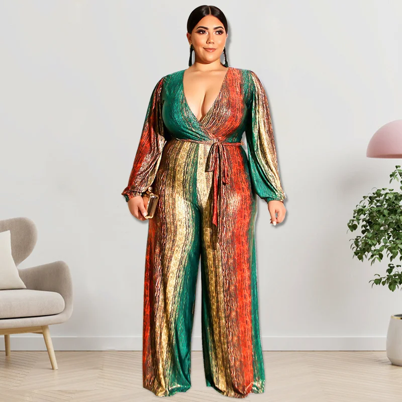 New Plus Size Women Jumpsuits Elegant V Neck Long Sleeve Rompers Office Lady Straight One Piece Outfits Wholesale Drop Shipping