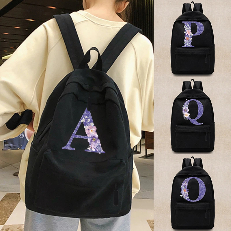 

Women's Backpack Unisex Teen Backpacks College School Bag Purple Flower 26 Letters Series Shoulder Laptop Bags Sport Knapsack