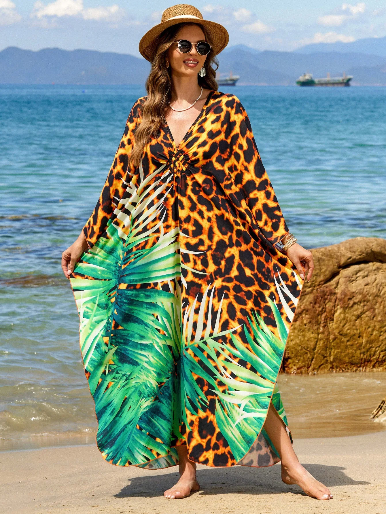 Plus Size Swimsuit Cover Up Leopard Printed Beach Kaftans for Women Hand Woven Moomoo Nightgowns Factory Supply Hot Sales