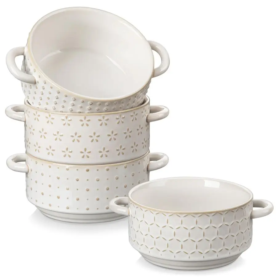 

20oz Ceramic Soup Bowls with Handles, Set of 4 Oven amp Microwave Safe French Onion Soup Bowls, Unique Embossed Patterns, Dishwa